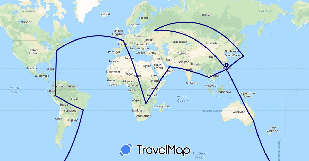 TravelMap itinerary: driving in United Arab Emirates, Australia, Brazil, France, Japan, Peru, Russia, Thailand, Taiwan, United States, Zambia (Africa, Asia, Europe, North America, Oceania, South America)